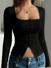 This is a cross-border bestseller for European and American women's clothing. It features a square-neck long-sleeved knitted sweater with buttons inside, paired with a form-fitting solid-color base layer Application Scenario